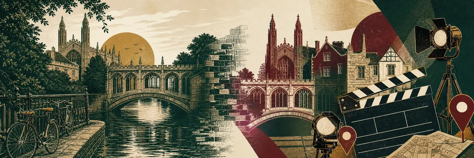 Original fan illustration contrasting Cambridge river and college architecture with cameras, location markers and a clapperboard